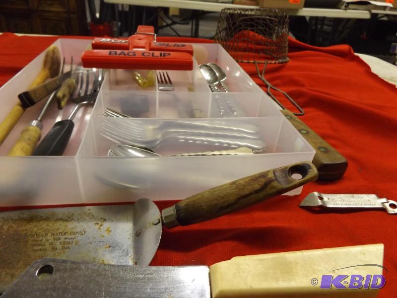 Misc silverware and utensils, chip clips and ...