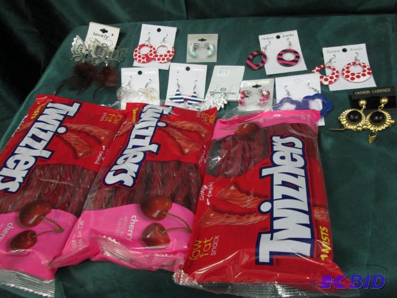 earrings various kinds, twizzlers...