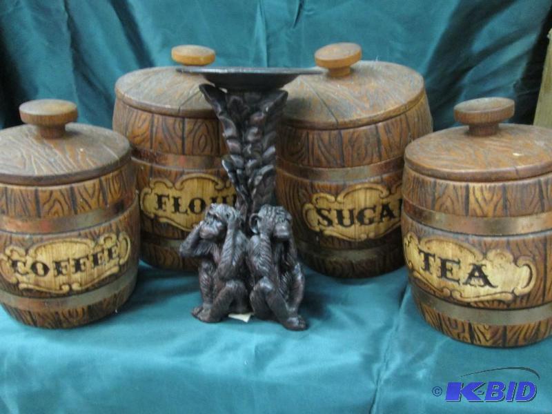 canister set and three monkey candle holder u...