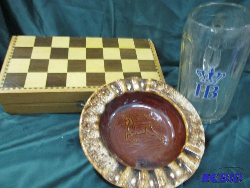 wooden chess game box with pieces, ashtray an...