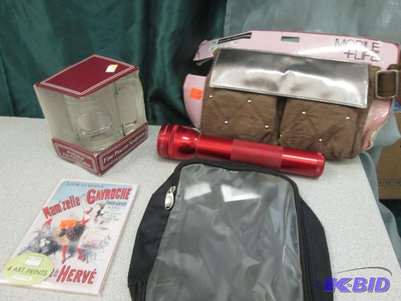 mobile car bag, pewter mug, flashlight...