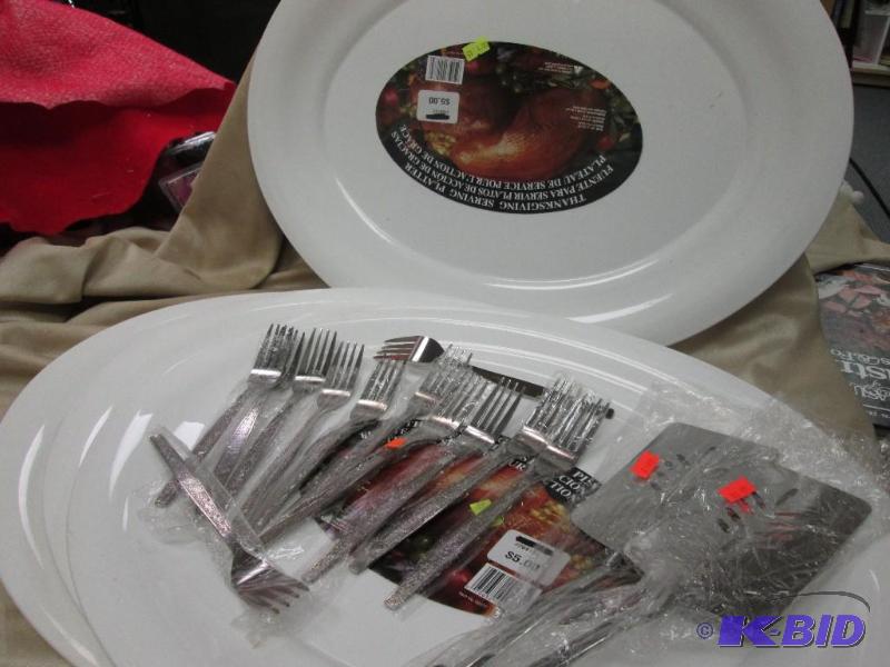 four turkey platters, 12 stainless still fork...