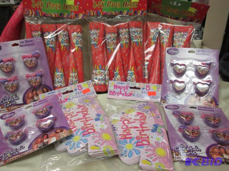 lip gloss necklaces, paper horns, birthday ha...