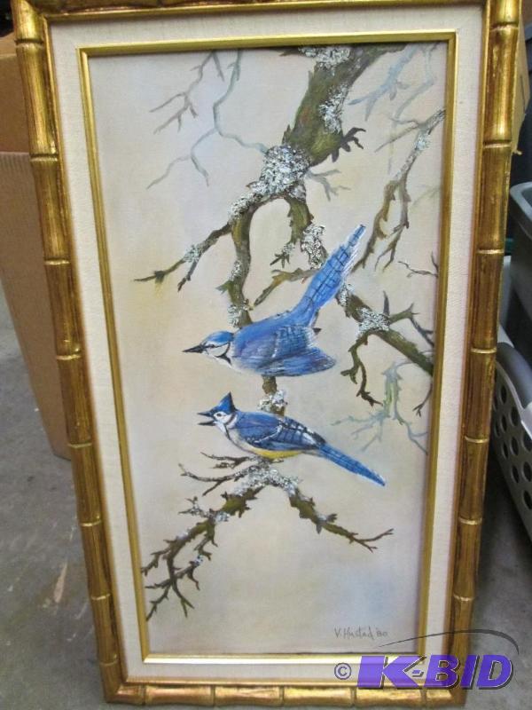 Painting with blue jays on it by...