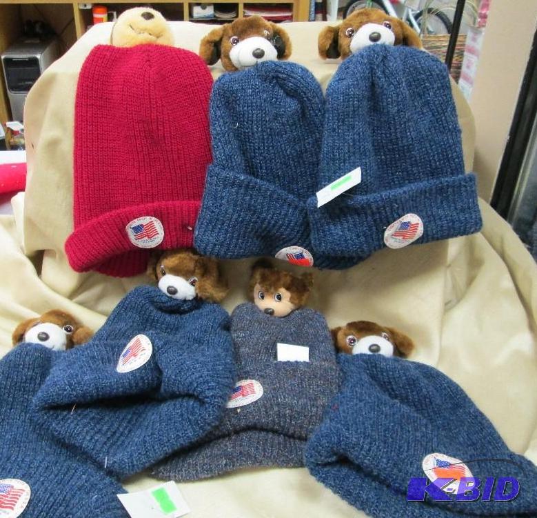 Qty 7 Kids winter hats in blue and dark red w...