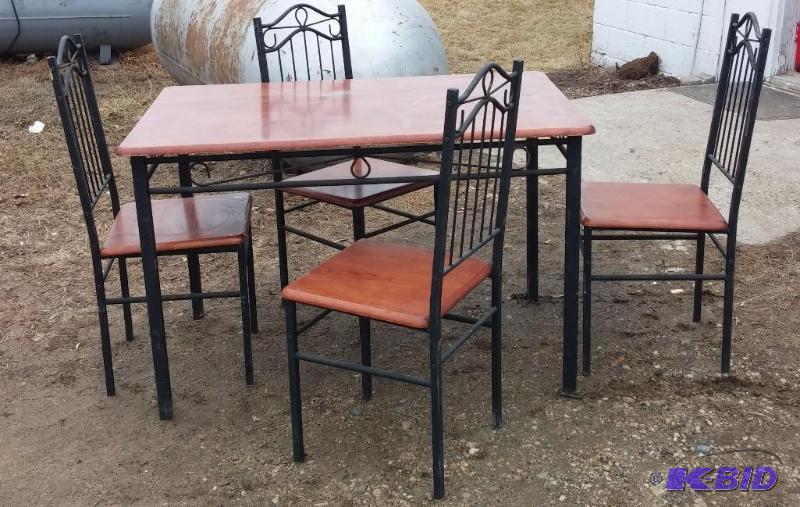 lot 3 image: Wood and Wrought Iron Table with 4 chairs. Th...