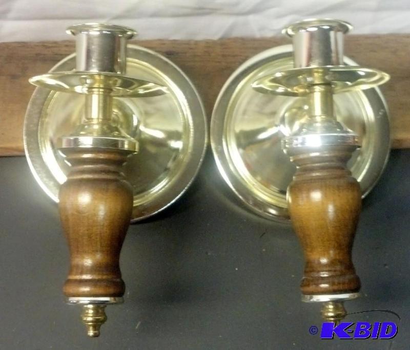 lot 31 image: Pair of Wooden and Brass Candle Sconces...