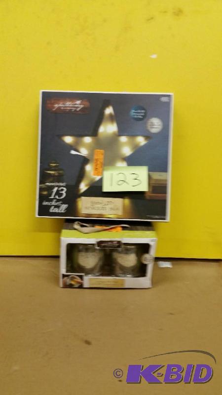 lot 123 image: SET OF METAL LED MRQUEE SIGN AND LED CANDLE JAR NEW