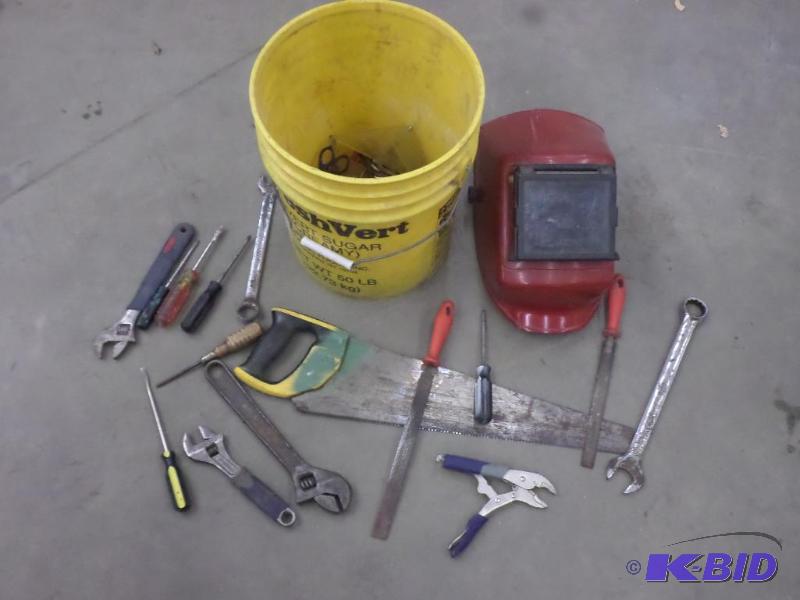 lot 122 image: Bucket Of Misc Hand Tools & Welding Helme...