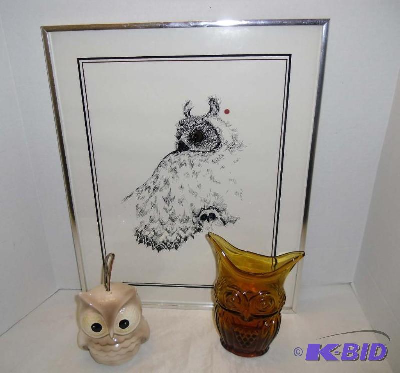 Whooo likes Owls  Framed White Owl Print  Vintage Amber Glass Owl Vase  Ceramic Owl Wind Chime