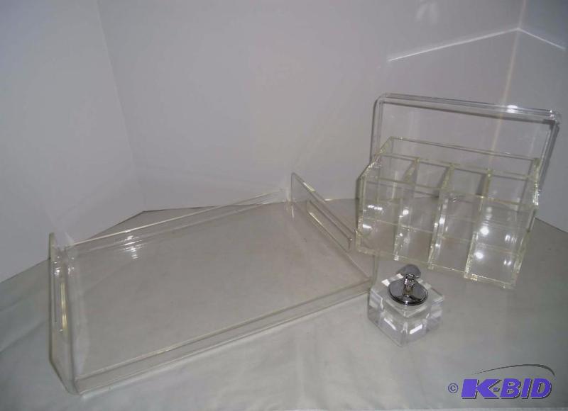 Mid-Century Entertaining Clear Lucite Serving Tray, SilverwareNapkin Caddy & Table Lighter Lot #1