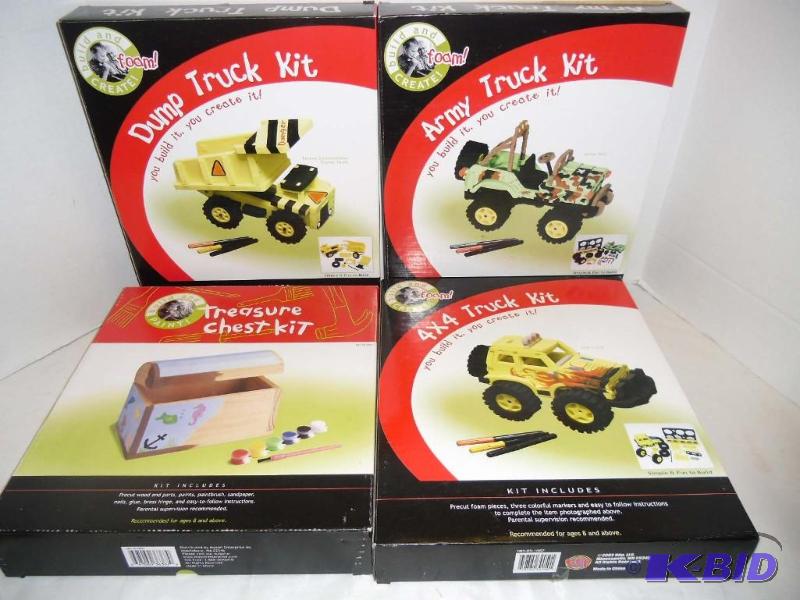 Craft Fun for Kids 4 Create & Build Toy Kits Army Truck  Dump Truck  4 X 4 Truck  Treasure Chest