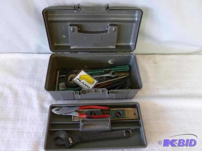 lot 31 image: Plastic tool box with an assortment of tools ...