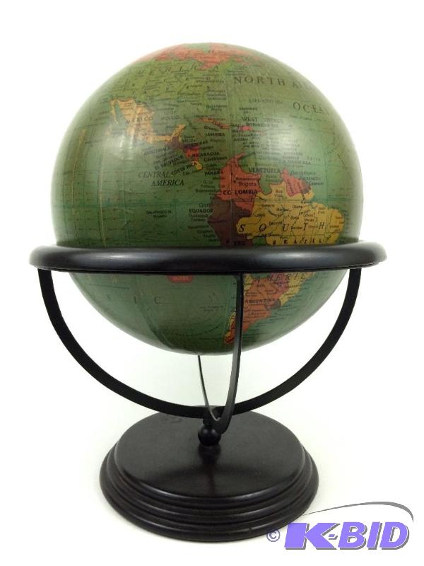 lot 10 image: Old Collectible 12  Globe Resting in Wood & Metal Stand