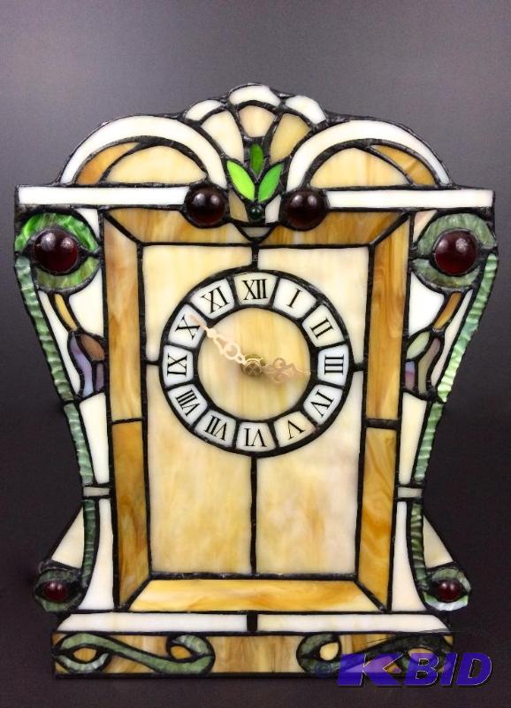 lot 13 image: Lighted Tiffany Style Stain Glass Clock 12 T X 9 W X 3 12 Deep