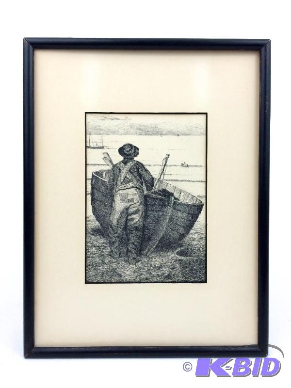 lot 18 image: Original Etching The Fisherman  by F. Barwell.  Framed - 9 12 X 12