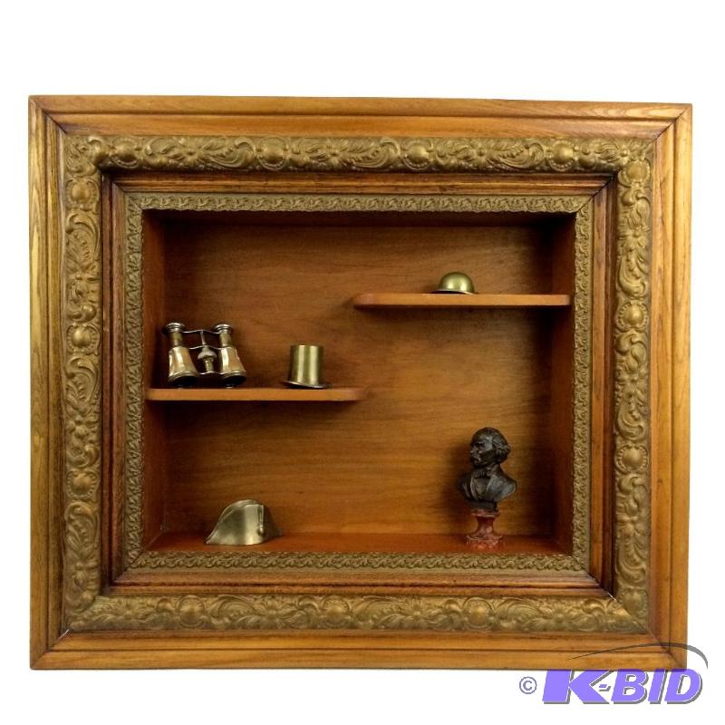 lot 19 image: Antique Wall Curio Display. Circa 1890s Gold Frame with 2 shelves.