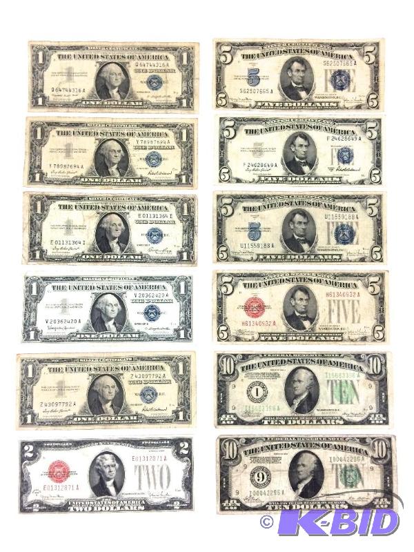 lot 20 image: Gold Certificates, Silver Cert.. 2 dollar bills and other collectable antique $$$$