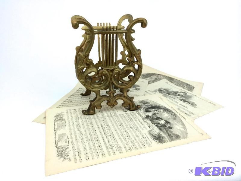 lot 25 image: Cast Metal Harp Music Holder with Antique Gold Finish --- Four Antique Sheet Music ca. 1845