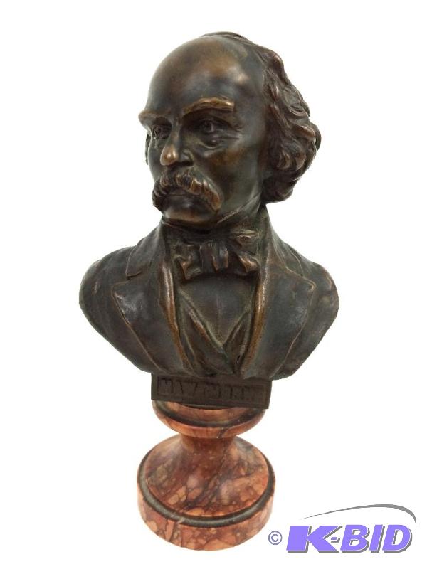 lot 28 image: Cast Bronze Bust of Hawthorne on a marble base. Copyright 1907  Total Height 6.