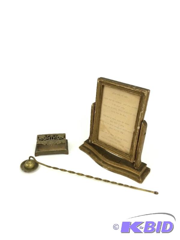 lot 29 image: Lot of 3 Small Desk Items Brass Box, Candle Snuffer & 4 x 5 Antique Frame