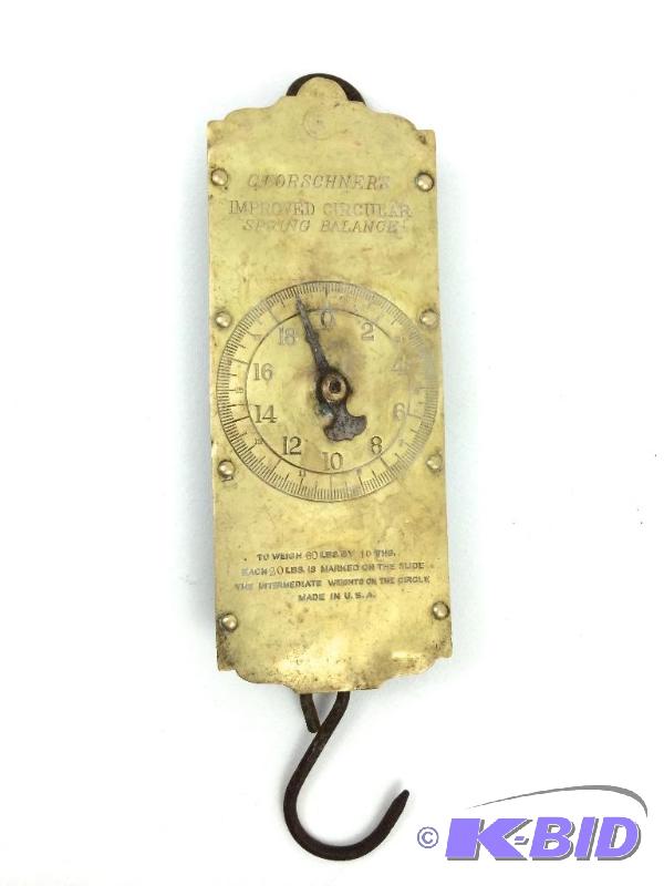 Antique deals Brass Forschner 60 lb Hanging Scale Improved Circular Spring Balance