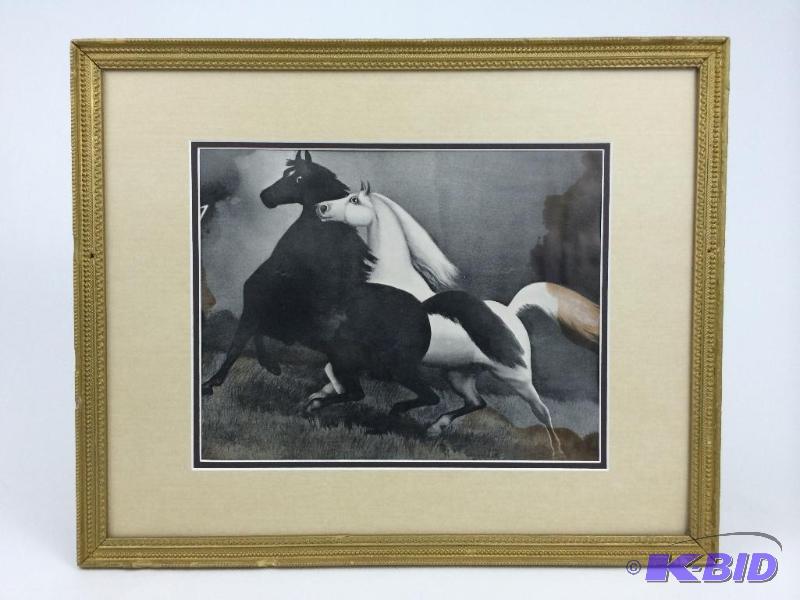 lot 23 image: Antique Lithograph of Horses in Antique Frame with a wooden backing New Matting
