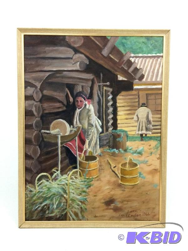 lot 31 image: Framed Original on Art Board of Frontier Scene.  Signed Zorn.  Cop. E. Ceylon 1966  12 X 16