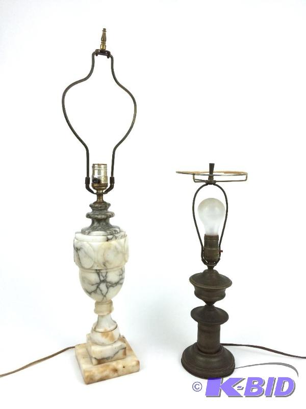 lot 34 image: Two Electric Lamps  Metal Base with shade holder & Marble Base w harp & Finial