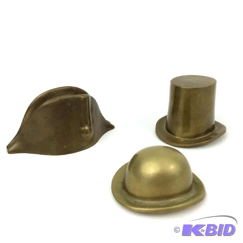 lot 6 image: Lot of 3 vintage Brass hats Napoleon, Bowler & Top Hat.