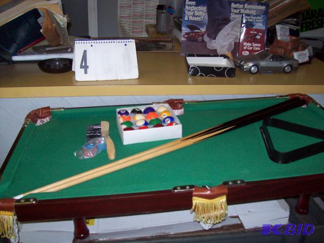Table Top Pool Table with Balls, Cues, Rack. ...