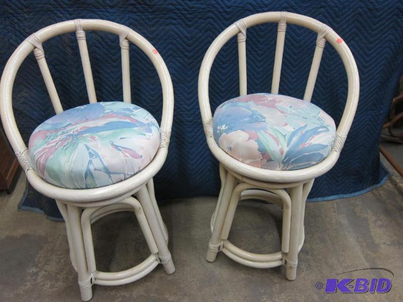 2 Upholstered Wood & Wicker Swivel Stools w Backrest