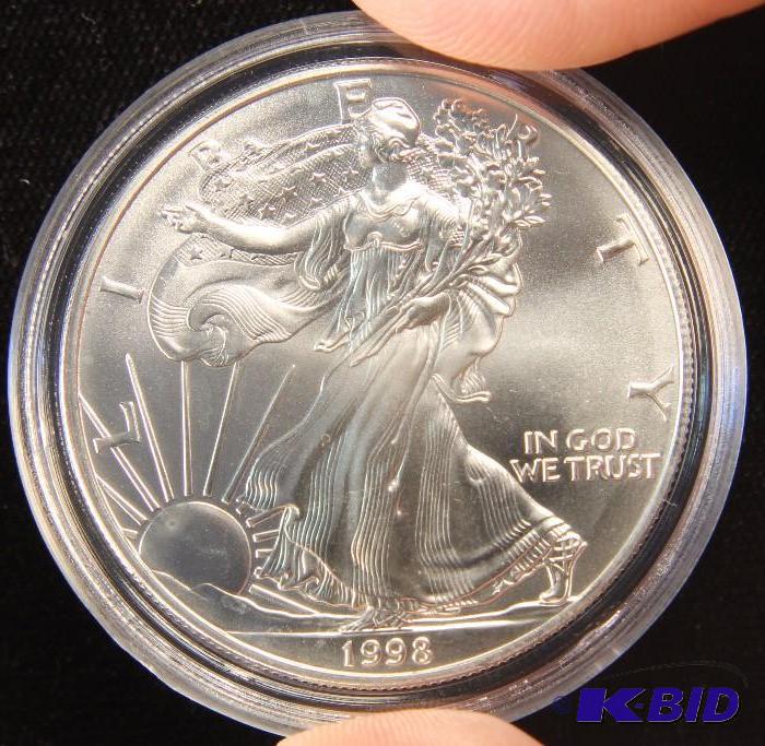 1998 AMERICAN SILVER EAGLE 1 TROY Oz. .999 FINE SILVER US DOLLAR COIN IN AIRTIGHT CAPSULE