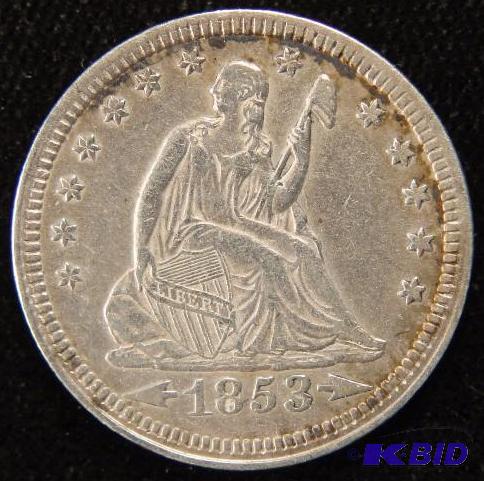 1853 ARROWS & RAYS SEATED LIBERTY QUARTER AU