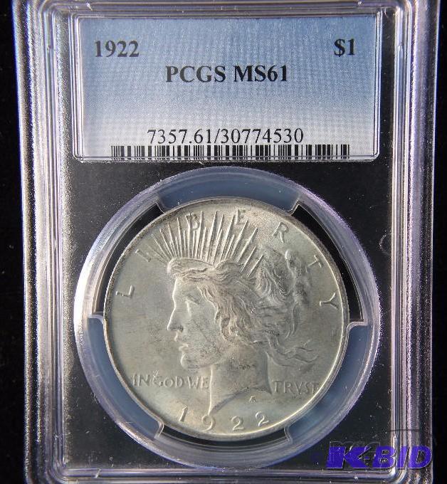 1922 PEACE SILVER DOLLAR MS61 PCGS