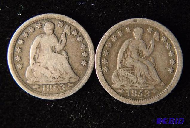 LOT OF 2 US SILVER HALF DIMES 1853 & 1853-O