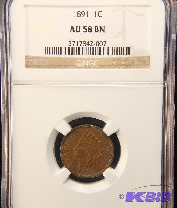 1891 INDIAN HEAD CENT NGC AU 58 BN