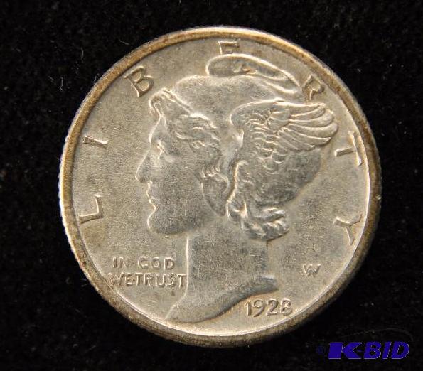 1928 MERCURY SILVER DIME AU