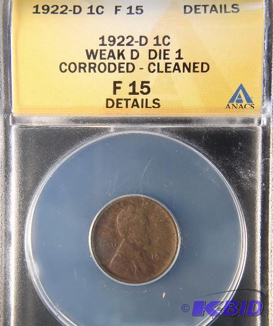 1922 D LINCOLN WHEAT CENT ANACS WEAK D DIE 1 FINE 15 DETAILS