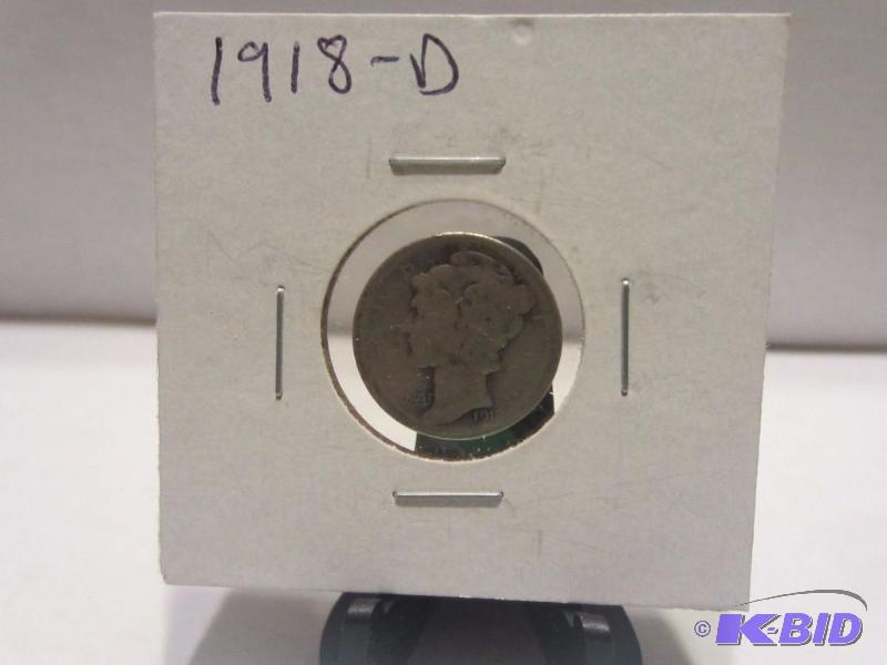1918 D MERCURY DIME, 90% SILVER