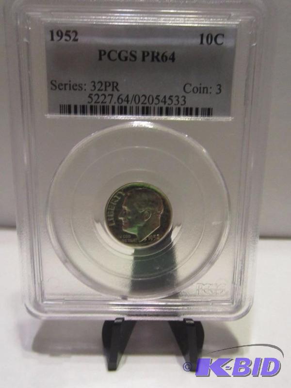1952 ROOSEVELT DIME SLABBED PROOF 64 BY PCGS 90% SILVER