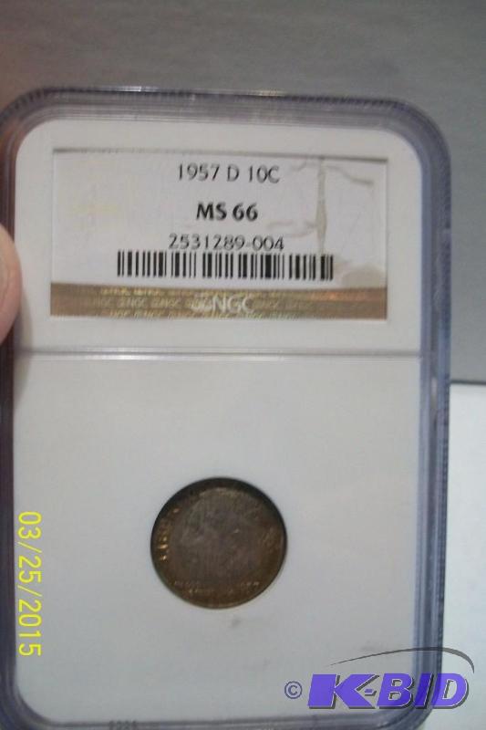 1957 D ROOSEVELT DIME SLABBED MS66 BY NGC 90% SILVER