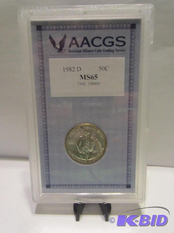 1982 D WASHINGTON COMMEMORATIVE HALF DOLLAR SLABBED BY AACGS MS65 90% SILVER