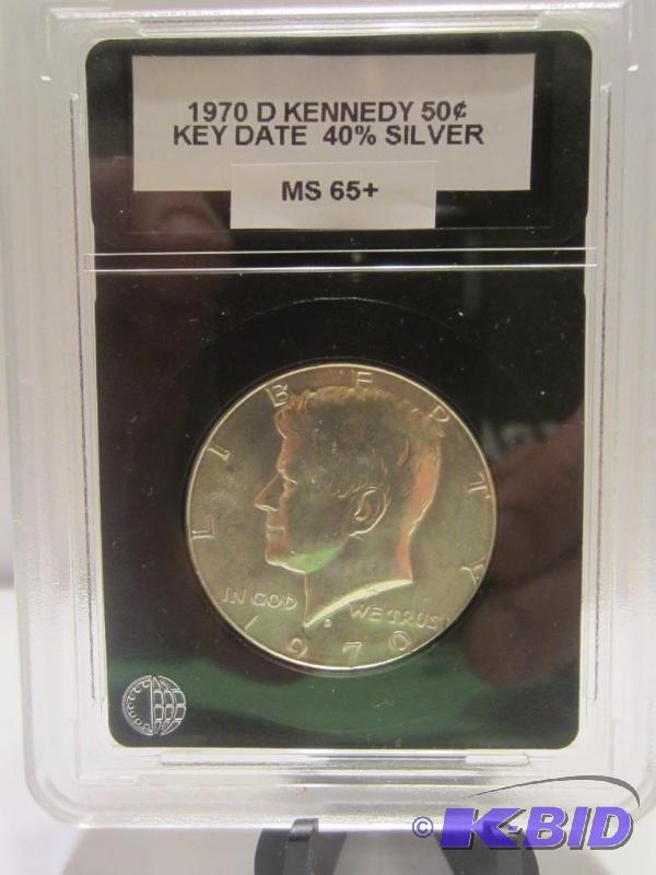 1970 D KENNEDY HALF, KEY DATE COIN , 40% SILVER AND LAST YEAR WITH SILVER CONTENT SLABBED MS65