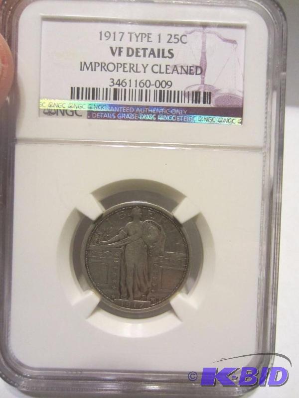 1917 TYPE 1 BARE BREAST, STANDING LIBERTY QUARTER VF DETAILS IMPROPERLY CLEANED, SLABBED BY NGC, KEY DATE, 90% SILVER