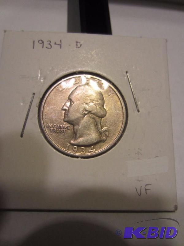 1934 D WASHINGTON QUARTER, VF, KEY DATE, 90% SILVER
