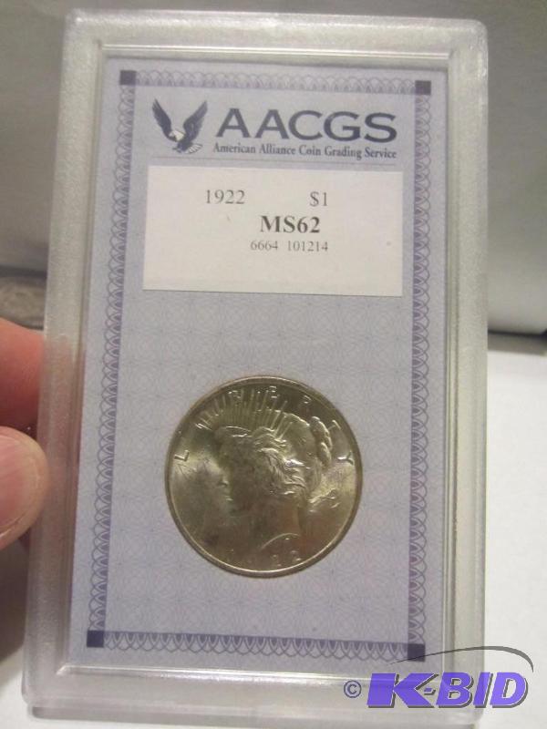 1922 PEACE DOLLAR SLABBED BY AACGS MS 62, UNCIRCULATED, 90% SILVER