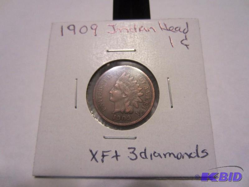 1909 INDIAN HEAD CENT, XF 3) DIAMONDS VISIBLE IN RIBBON