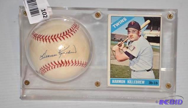 lot 102 image: Harmon Killebrew baseball card and signed bal...