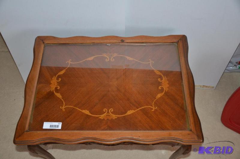 lot 157 image: Vintage glass top table 19x28x20...